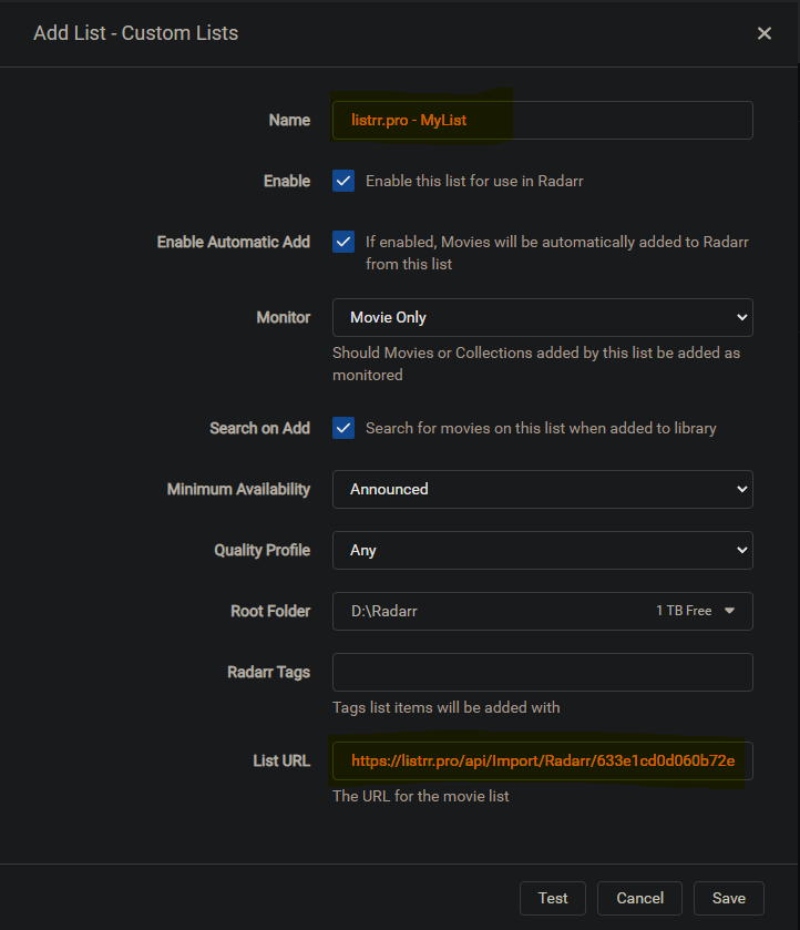 Radarr lists settings - Add lists - Custom List