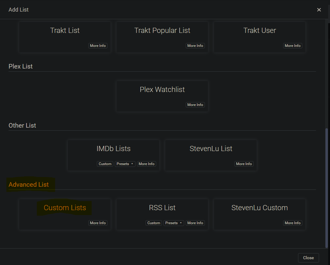 Radarr lists settings - Add lists