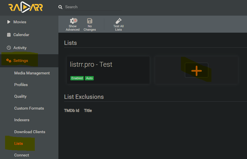 Radarr lists settings